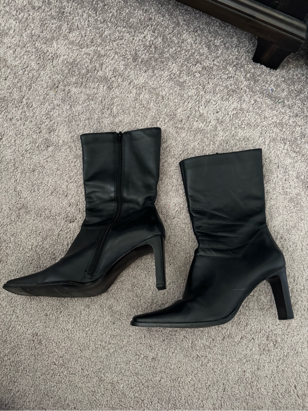 Black Square-Toe Mid-Calf Heeled Boots